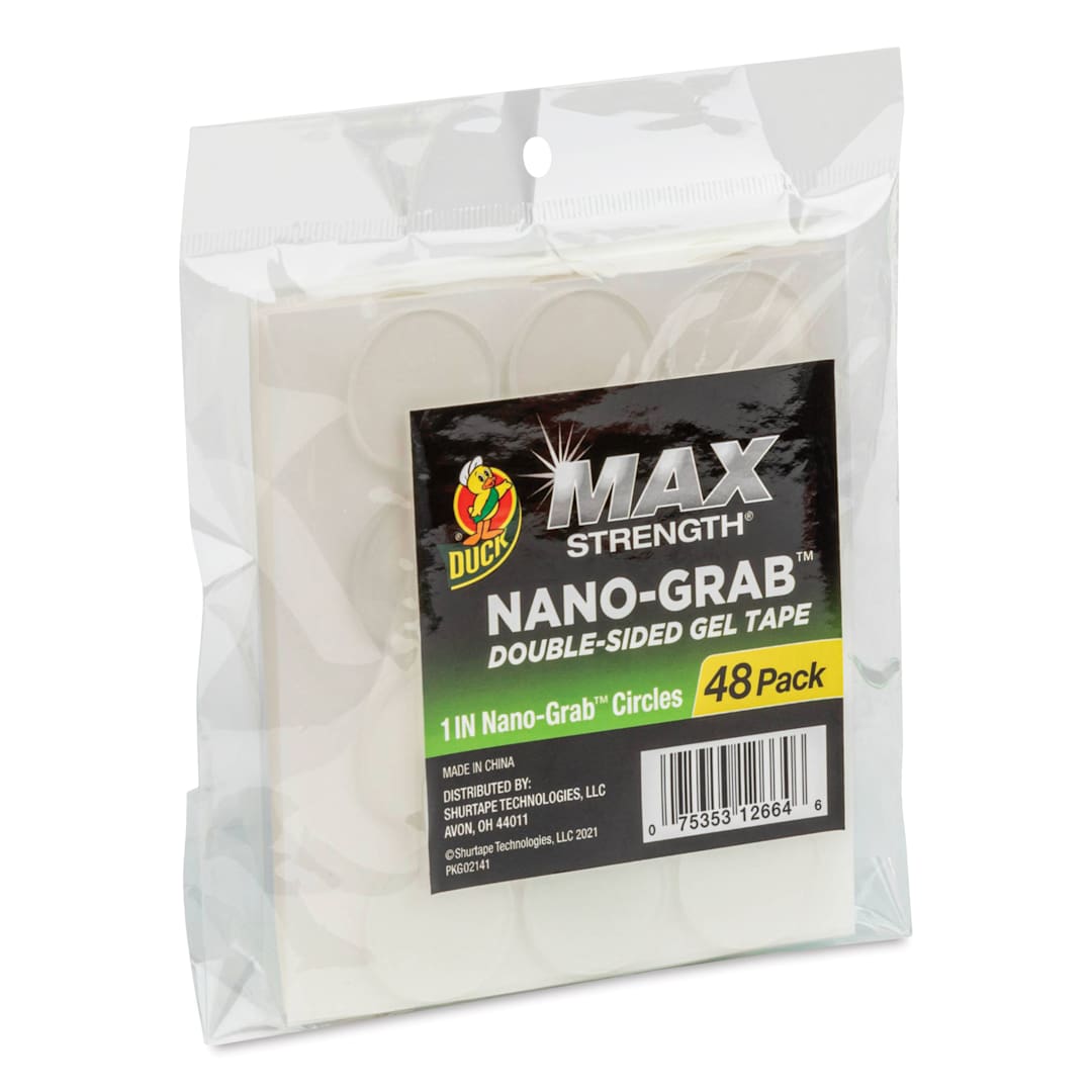 Open in modal - Duck Max Strength Nano-Grab Double Sided Gel Tape - Clear Circles, 1 in, Pkg of 48 - front of packaging