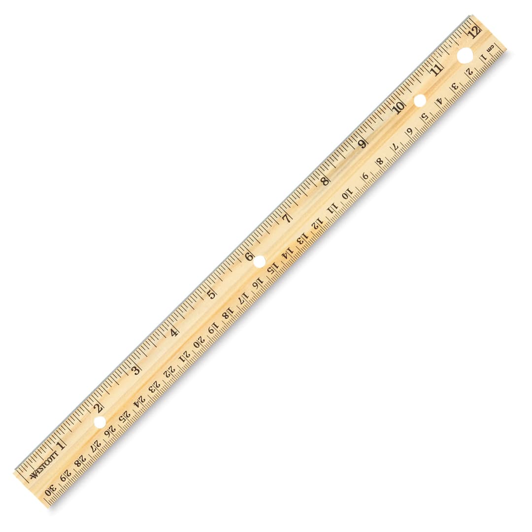 Open in modal - Westcott Wood Ruler Measuring Metric and 1/16" Scale - Angled view of ruler with hole punch