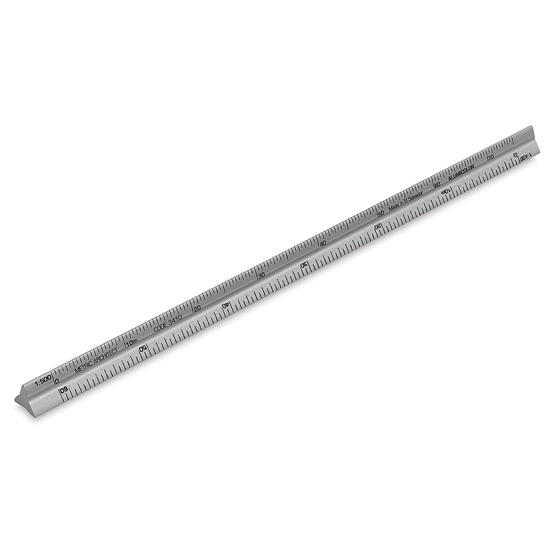 Open in modal - Alumicolor Metric Triangular Drafting Scales - Solid Metric Architect Scale shown at angle
