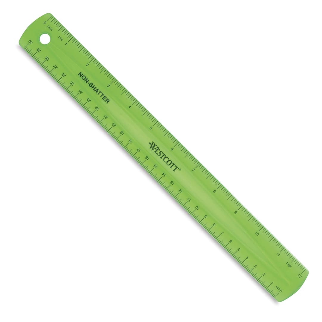 Open in modal - Westcott Shatter Resistant Ruler - Angled view of ruler showing inches and metric measurements
