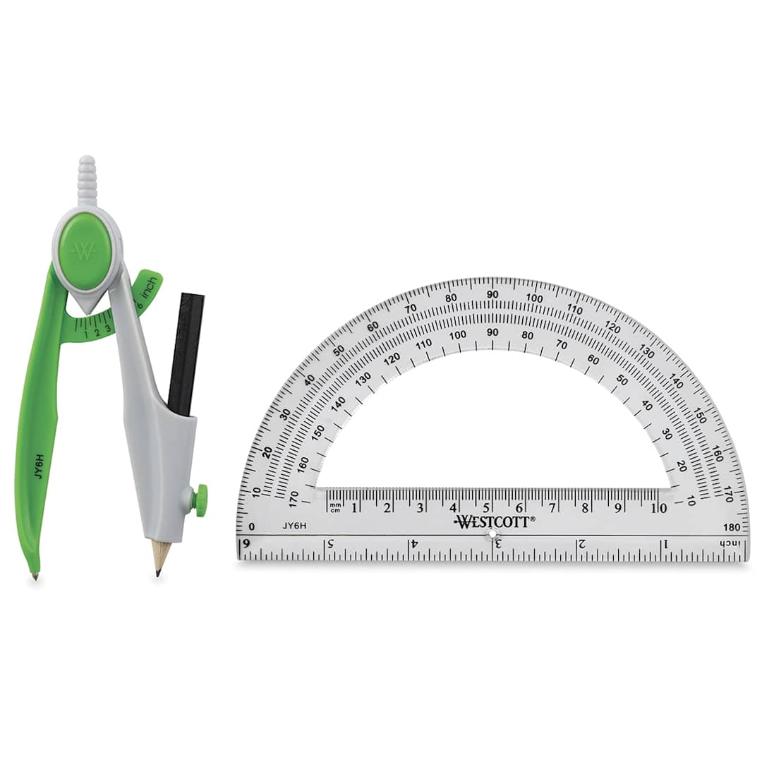 Open in modal - Westcott Student Compass and Protractor Set - Protractor with pencil standing next to compass