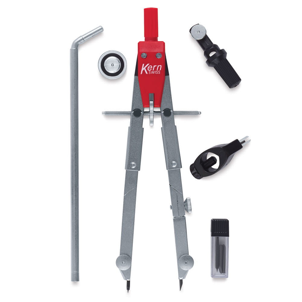 Open in modal - Kern Jointed Bow Compasses - Model with extension bar shown upright and slightly open
