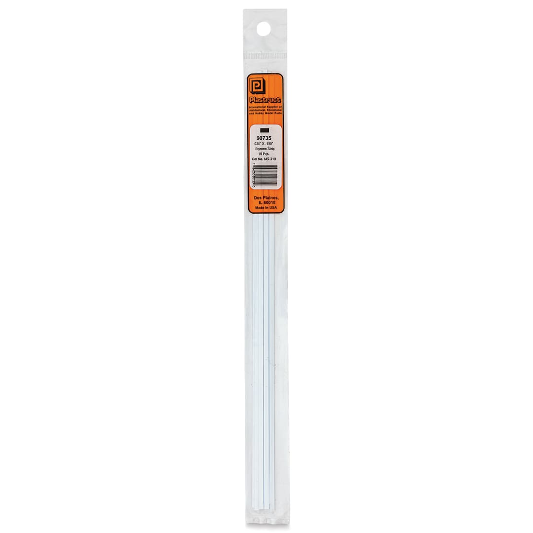 Open in modal - Plastruct Plastic Strip - Pkg of 10, 0.03" H × 0.1" W × 10" L - front of packaging