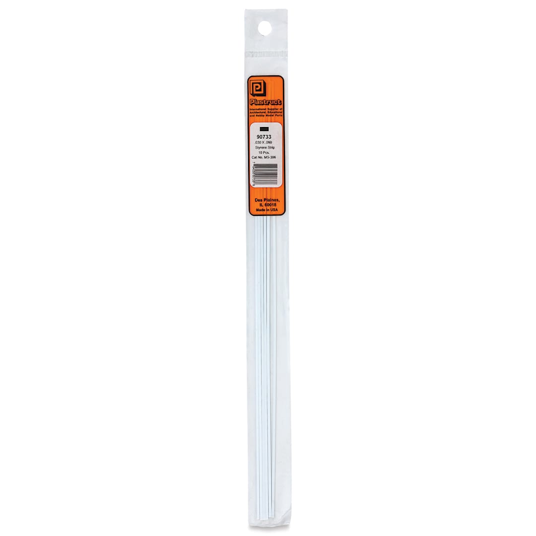 Open in modal - Plastruct Plastic Strip - Pkg of 10, 0.03" H × 0.06" W × 10" L - front of packaging