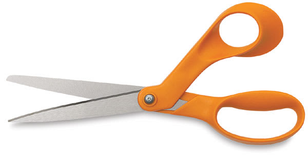 Open in modal - Fiskars Premier 8" Bent Scissors - Shown horizontally and slightly open to show blades