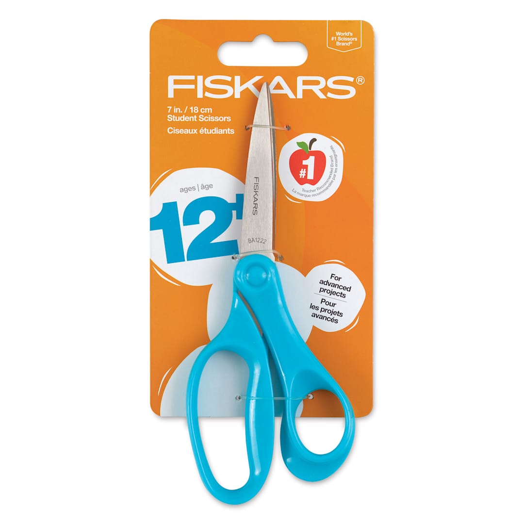 Open in modal - Fiskars Student Scissors - 7", 3" Cut - front of packaging, blue scissors (color will vary)