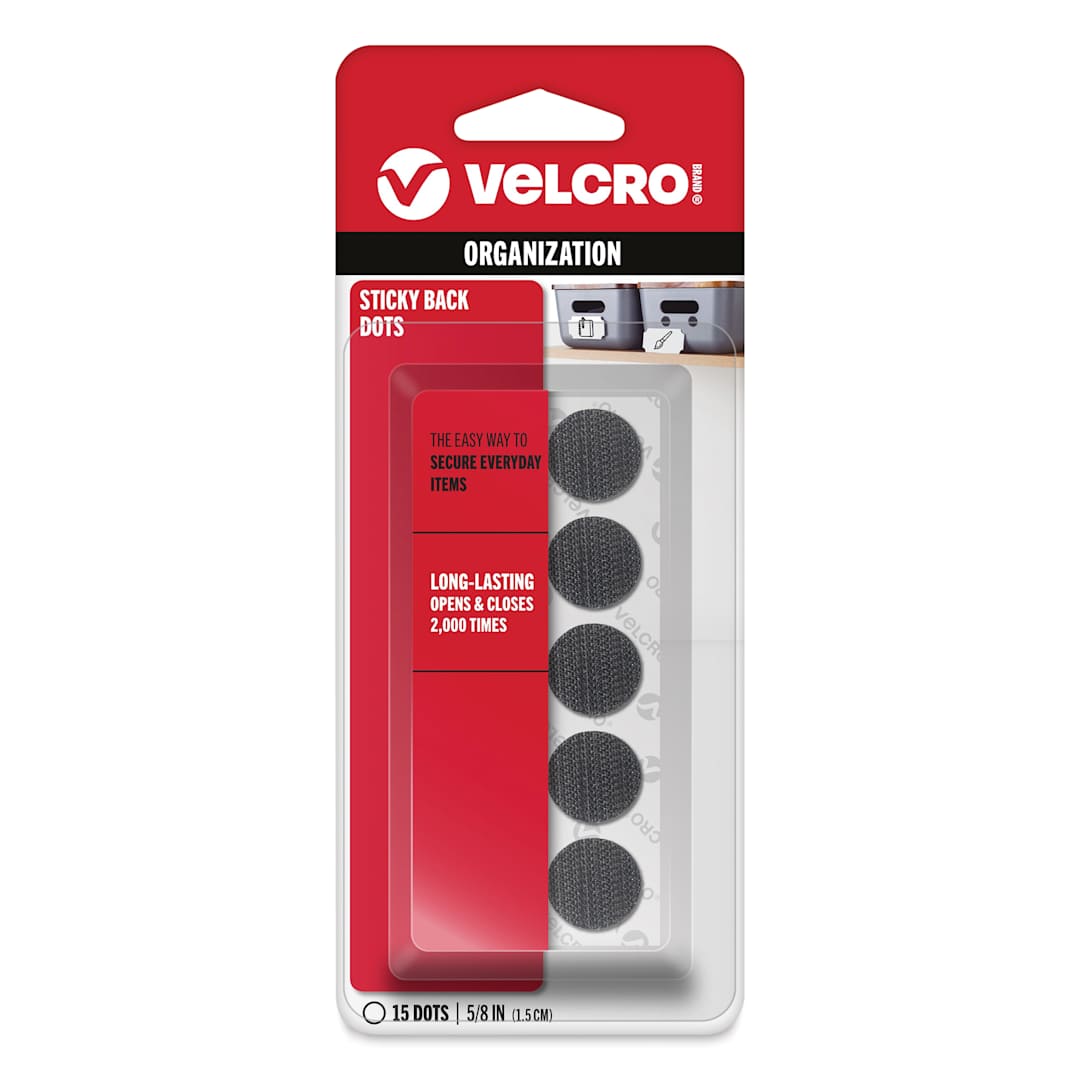 Open in modal - Velcro Sticky Back Fasteners - Pkg of 15,  Black, 5/8" Dots front of packaging