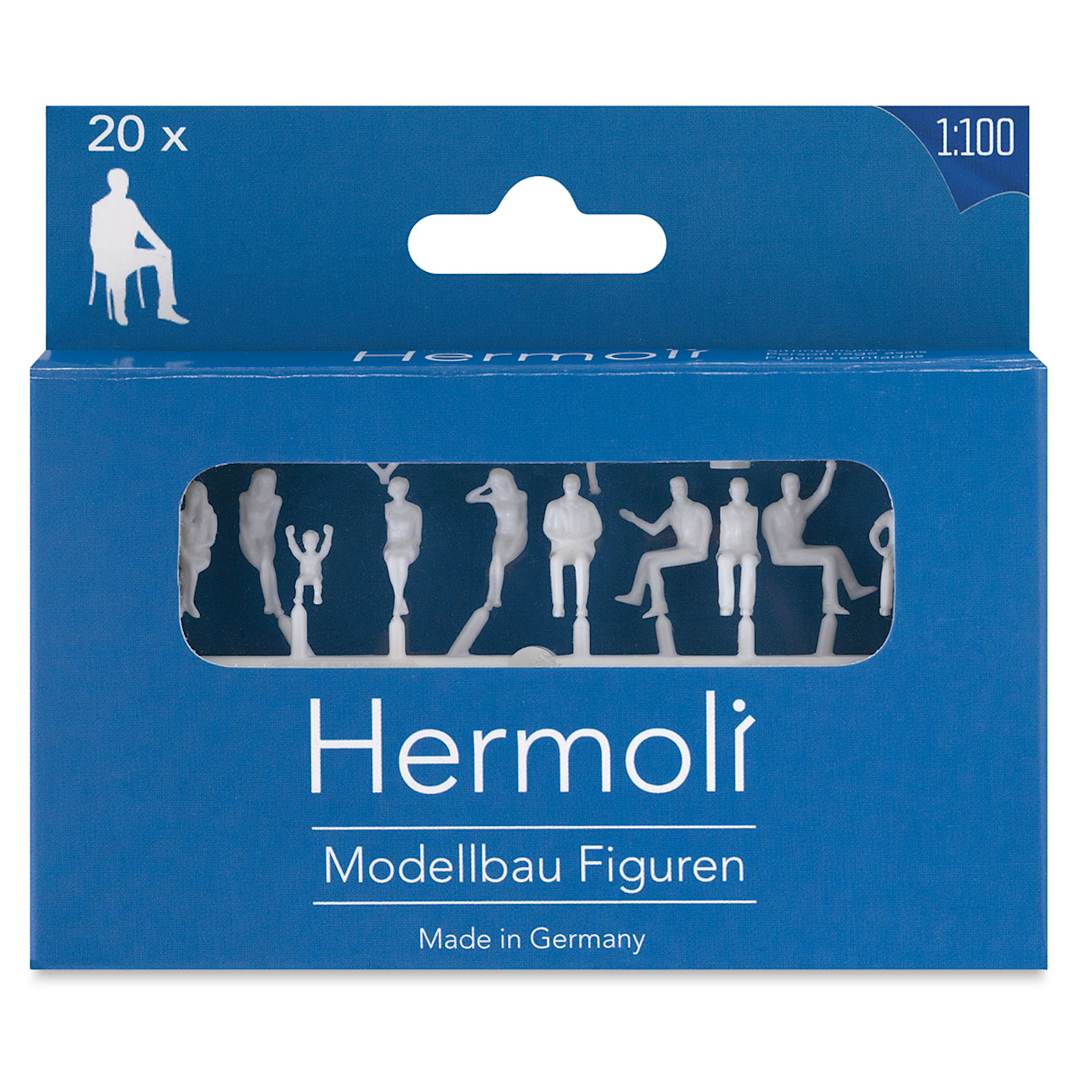 Open in modal - Schulcz Scale Model Figures - Hermoli Sitting, Pkg of 20, 1:100, 1/8" (front of box)