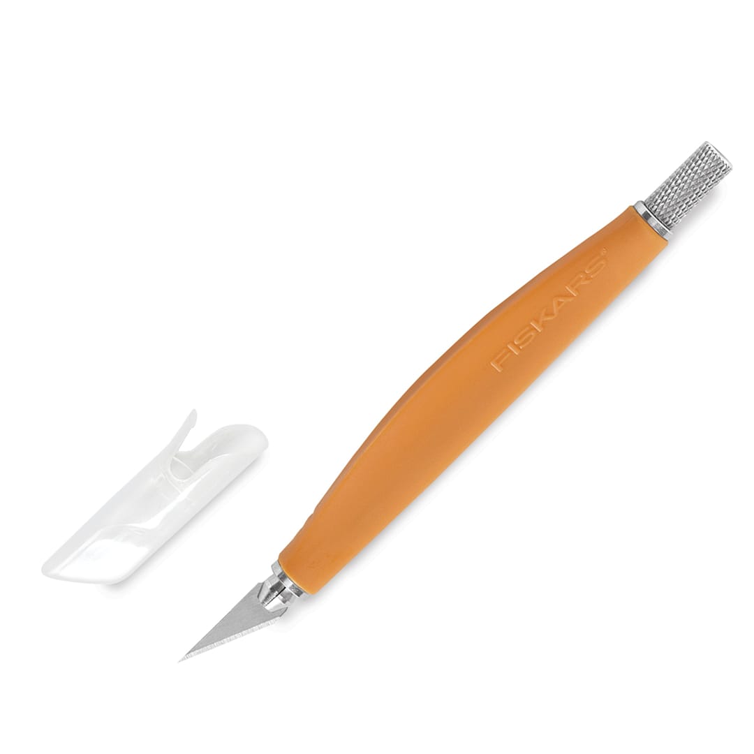 Open in modal - Fiskars Softgrip Ergonomic Detail Knife - Angled with cover removed from blade