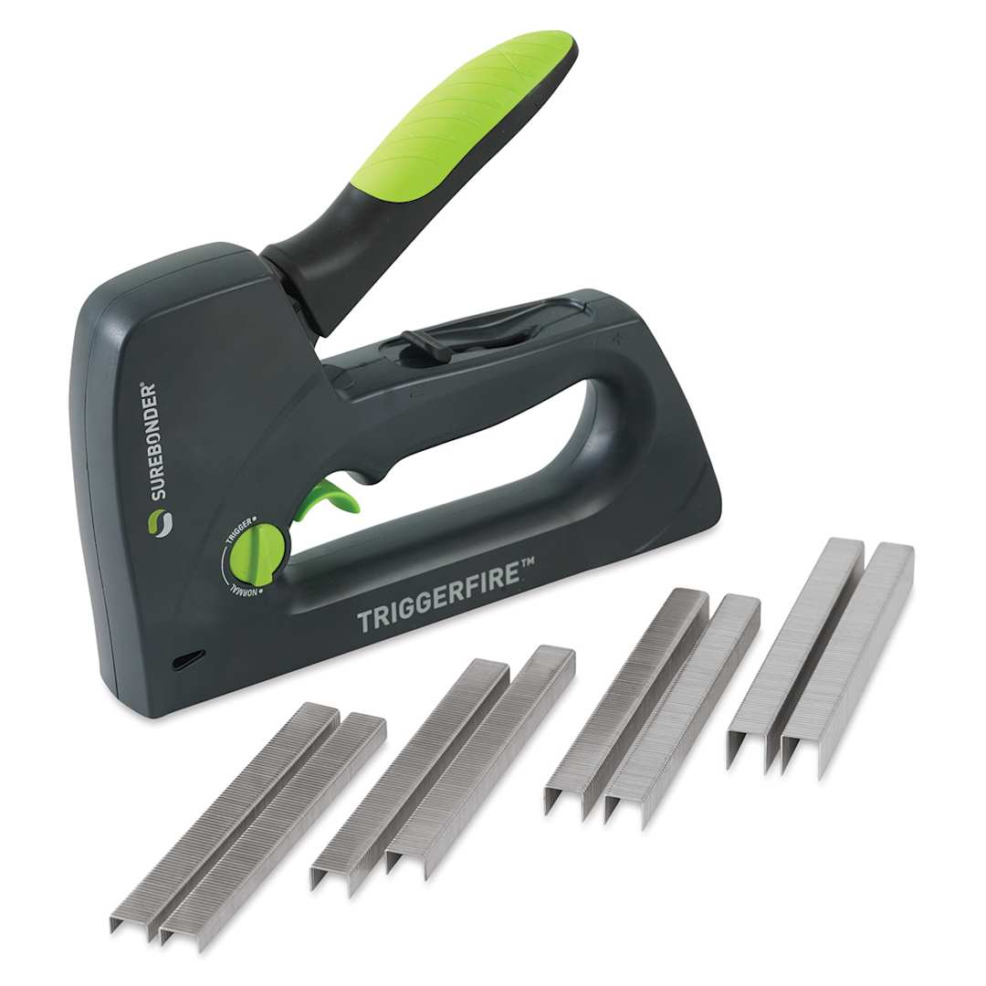 Open in modal - Surebonder Triggerfire Staple Gun Kit - Angled view of staple gun with included staples
