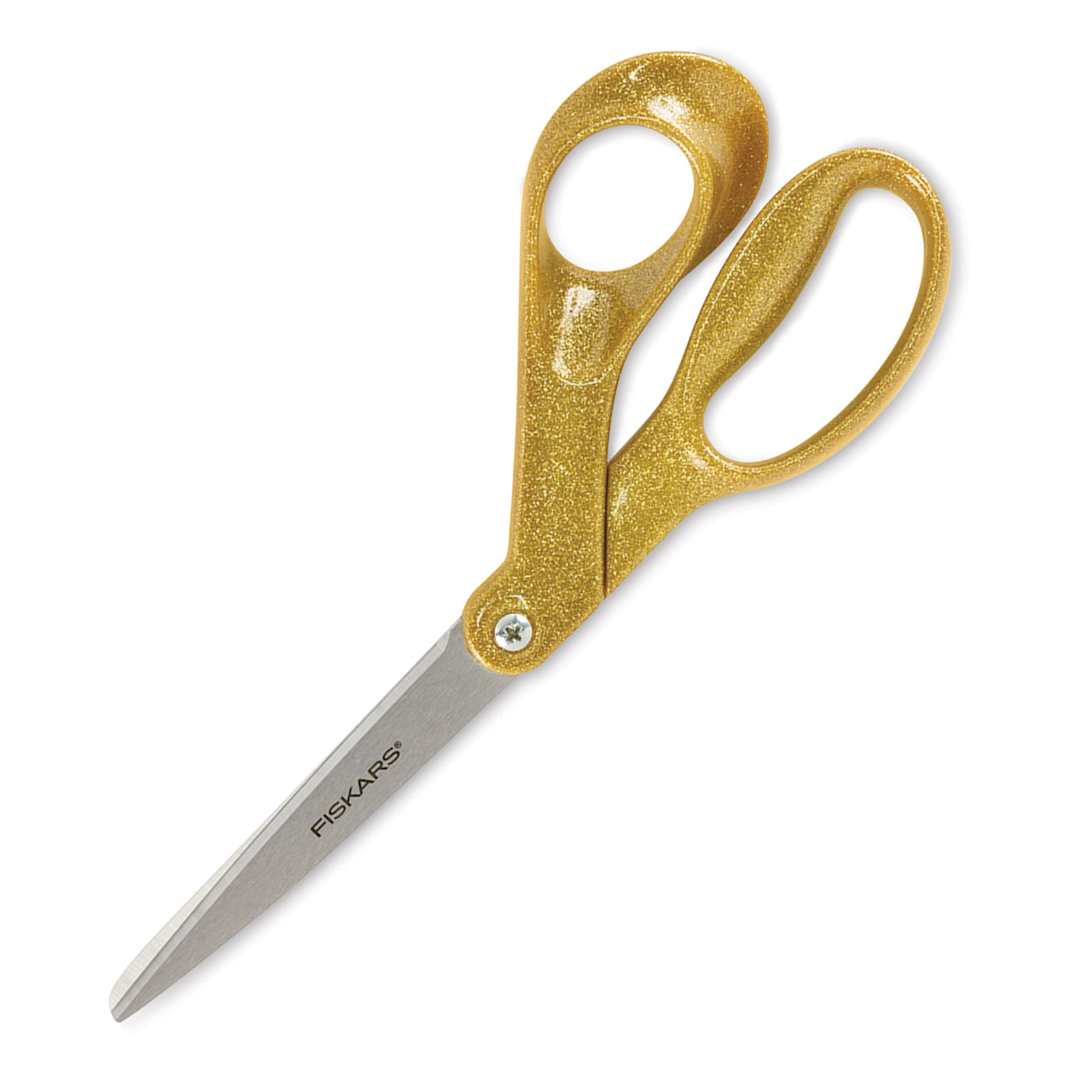 Open in modal - Fiskars Sparkle Scissors - Gold colored Scissors closed and angled downward
