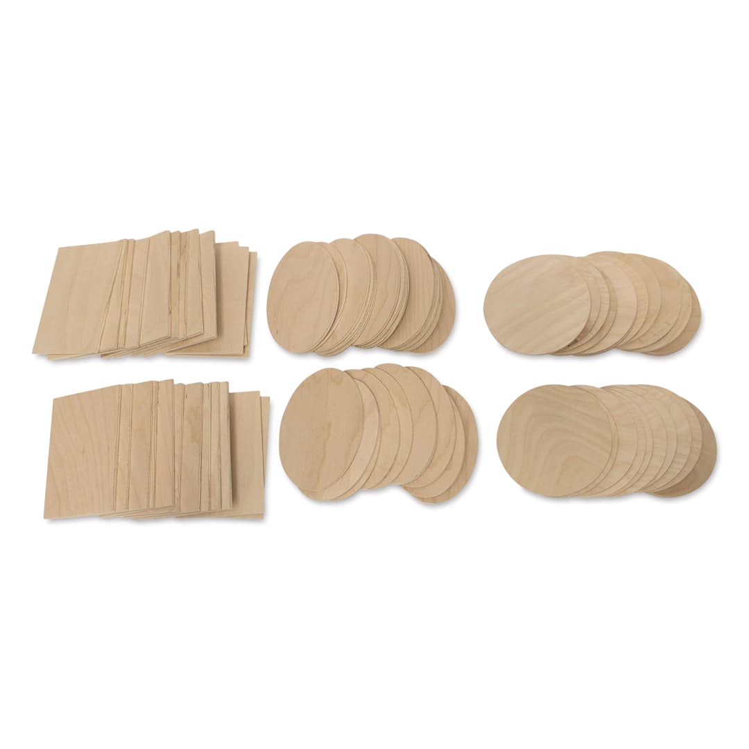 Open in modal - Walnut Hollow Mini Wooden Plaque Assortment - Square, Oval, and Round plaques shown in stacks