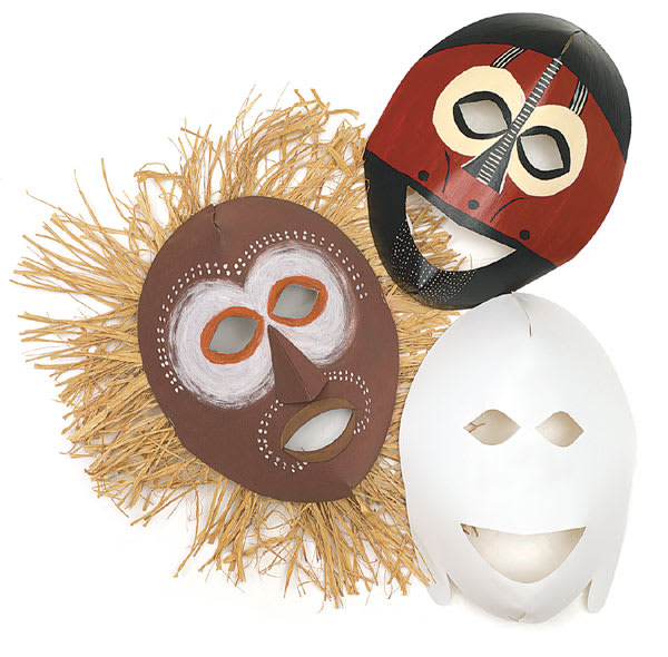 Open in modal - Roylco African Masks - Three masks from Classpack of 20 with 2 decorated and 1 blank

