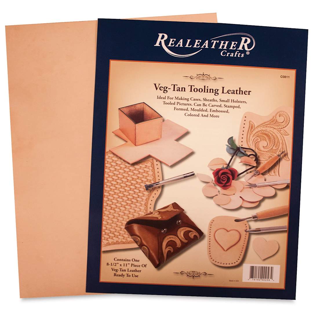 Open in modal - Realeather Veg-Tan Tooling Leather - Natural Cowhide, 8-1/2" x 11", front of the packaging