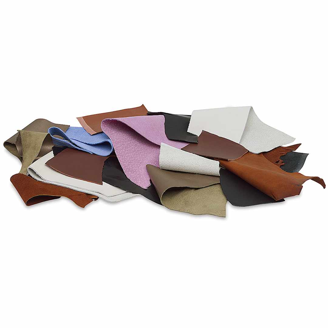 Open in modal - Realeather Premium Leather Remnants - Components of 1 lb bag of various types and colors of leather scraps