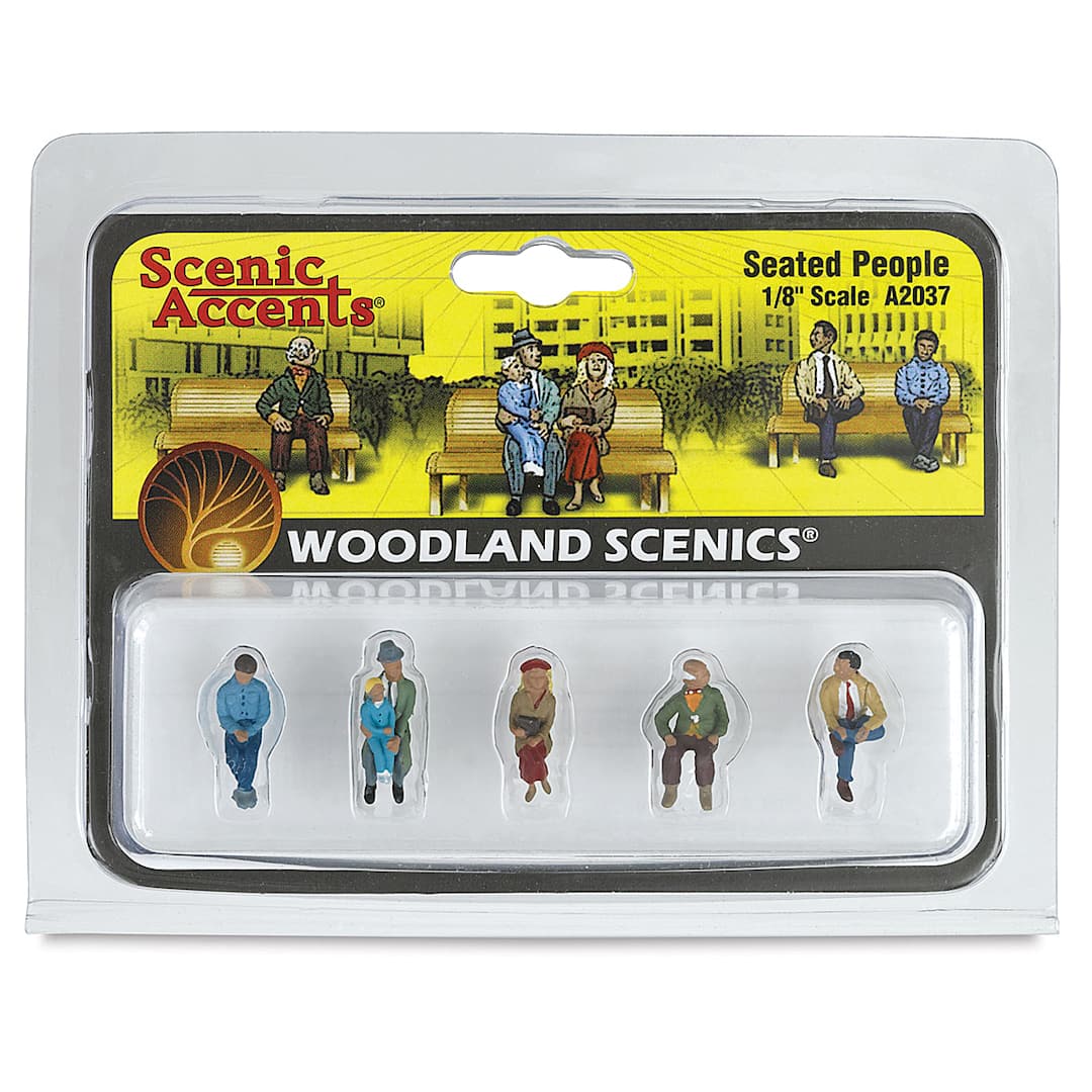 Open in modal - Woodland Scenics Model Scenery - Front of package of 5 Seated Figures in 1/8th scale
