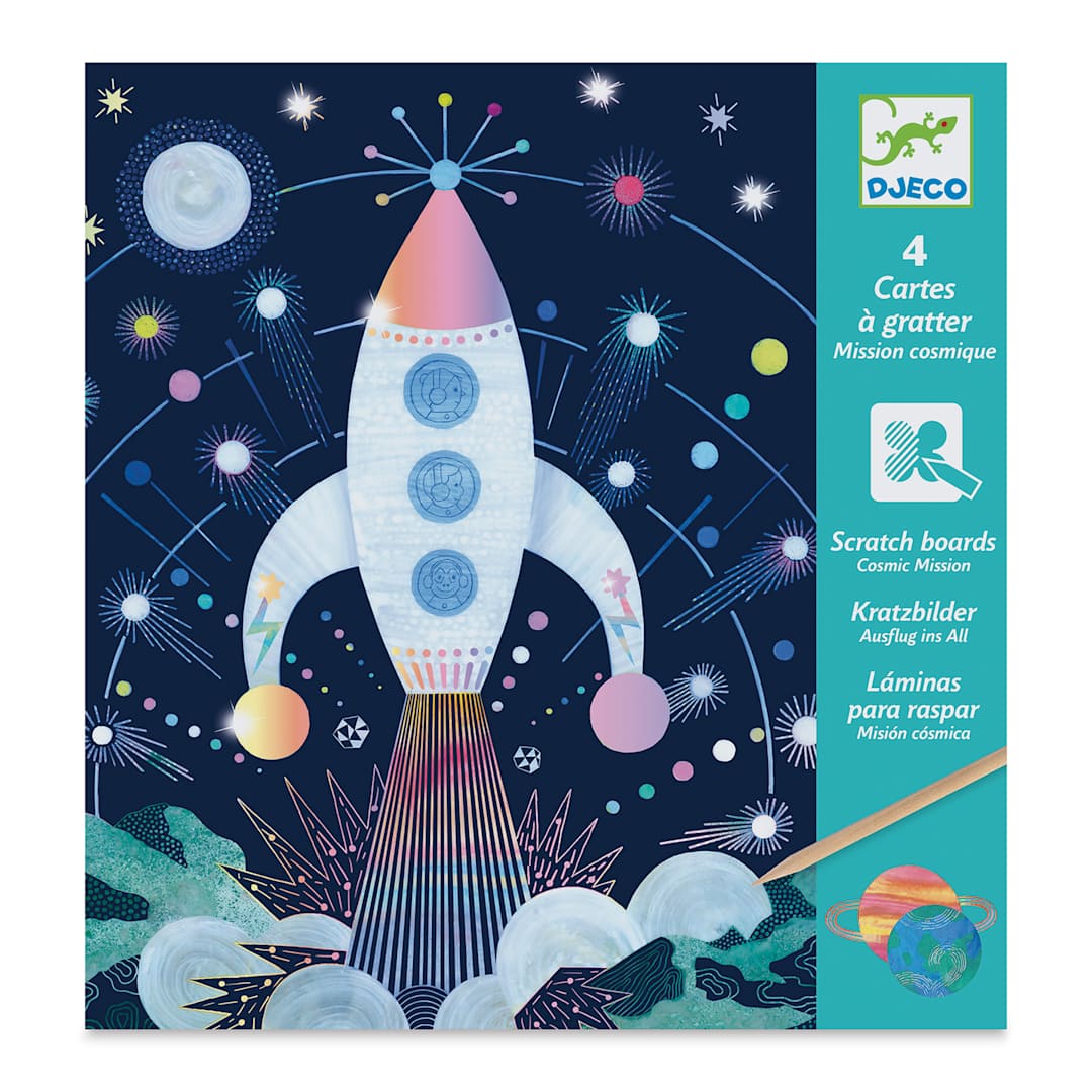 Open in modal - Djeco Petit Gift Scratch Board Kit - Cosmic Mission (Front of packaging)