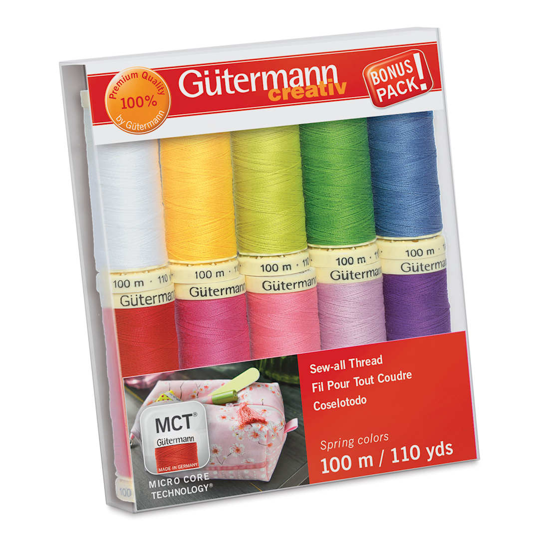 Open in modal - Gutermann Sew-All Polyester Thread - Set of 10, Spring Shades, 110 yd Spools front of packaging