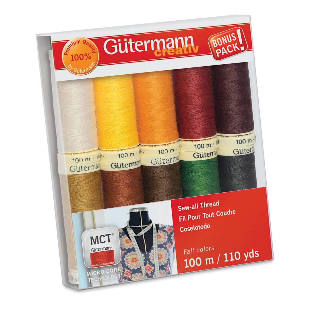 Open in modal - Gutermann Sew-All Polyester Thread - Set of 10, Fall Shades, 110 yd Spools front of packaging