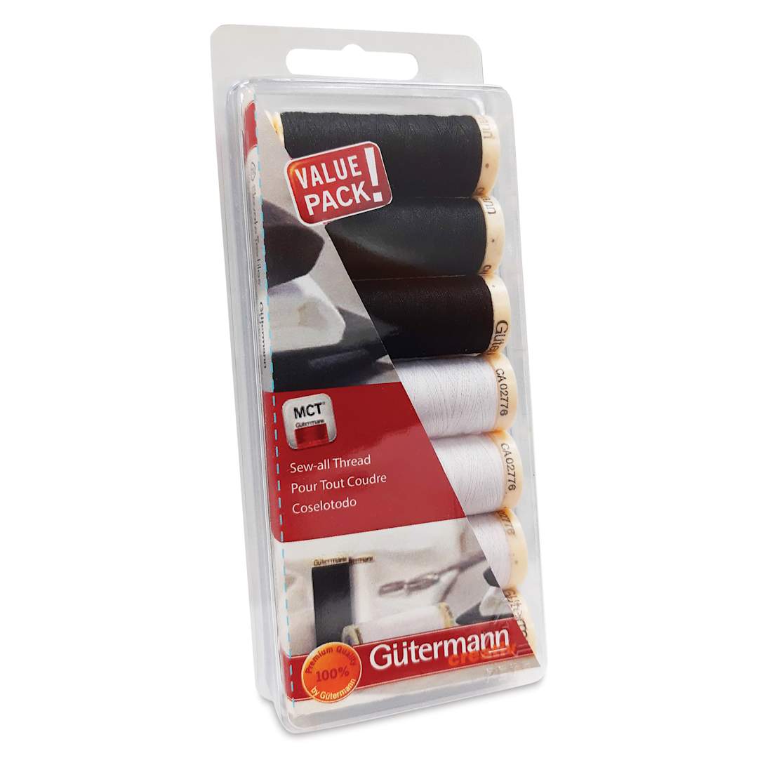 Open in modal - Gutermann Sew-All Polyester Thread - Set of 7, Black and White, 110 yd Spools front of packaging