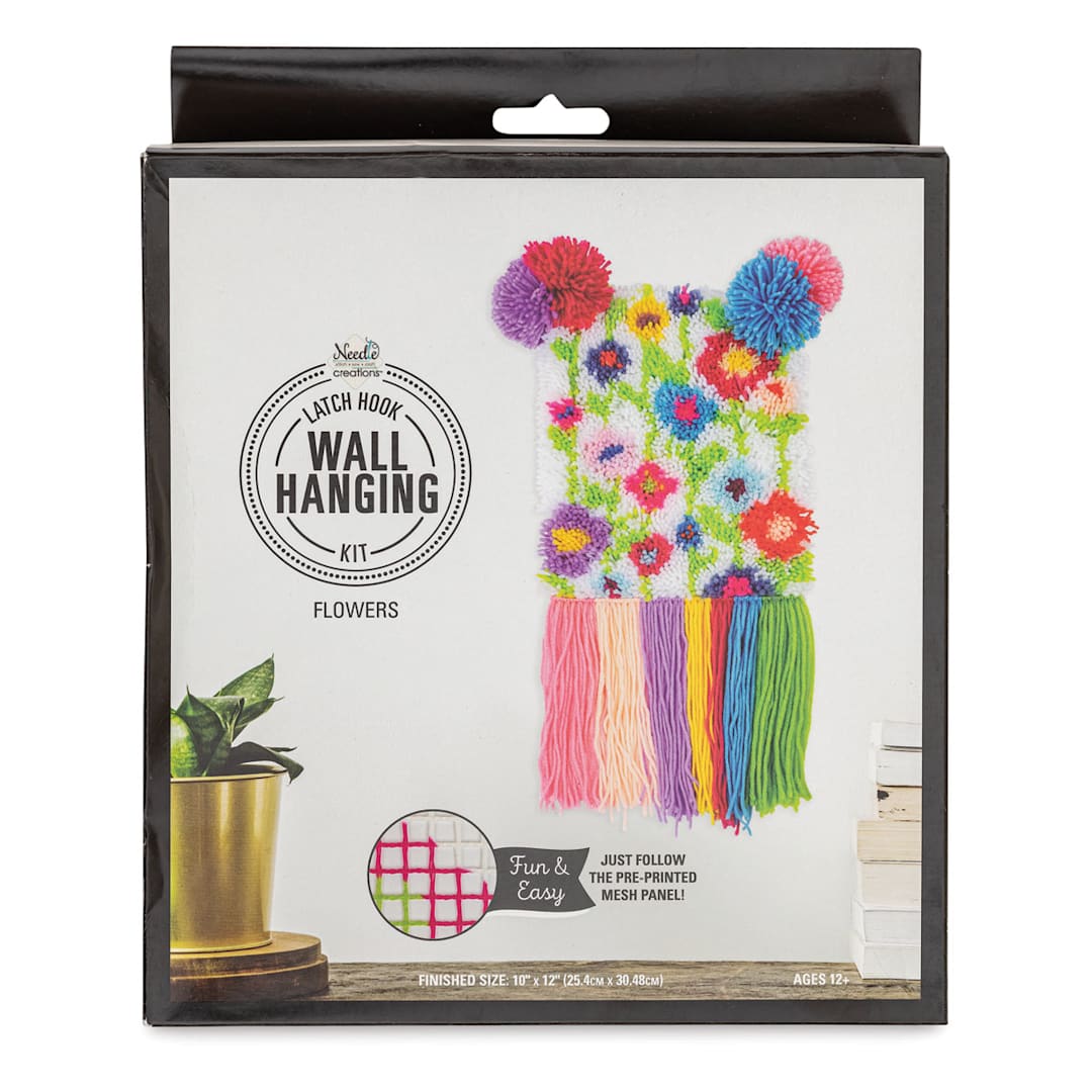 Open in modal - Needle Creations Latch Hook Wall Hanging Kit - Flowers (Front of packaging)