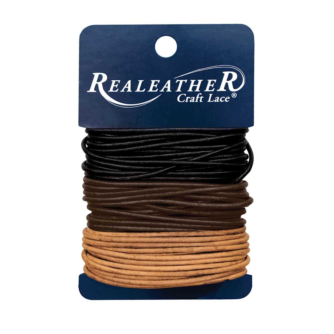 Open in modal - Realeather Round Leather Lace - Black/Brown/Natural, 2 mm x 8 yds, on card