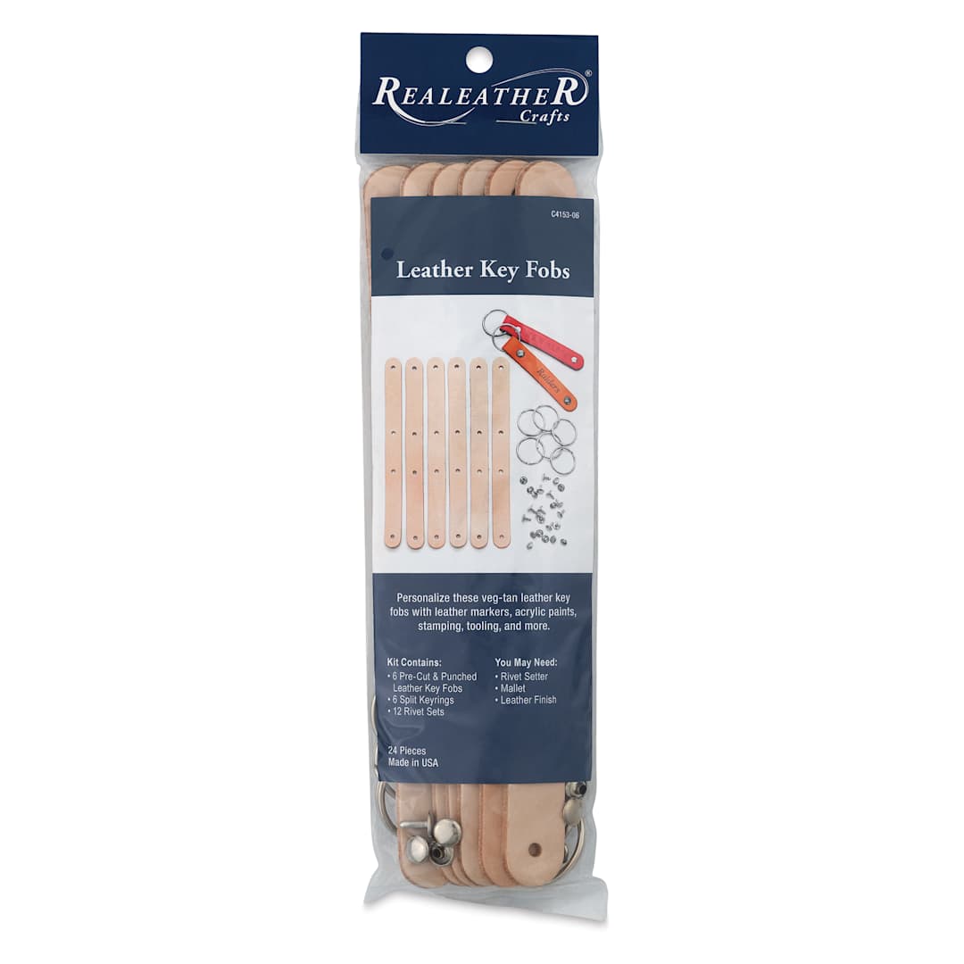 Open in modal - Realeather Leather Key Fobs - 5" x 3/4", Kit of 24, front of the packaging
