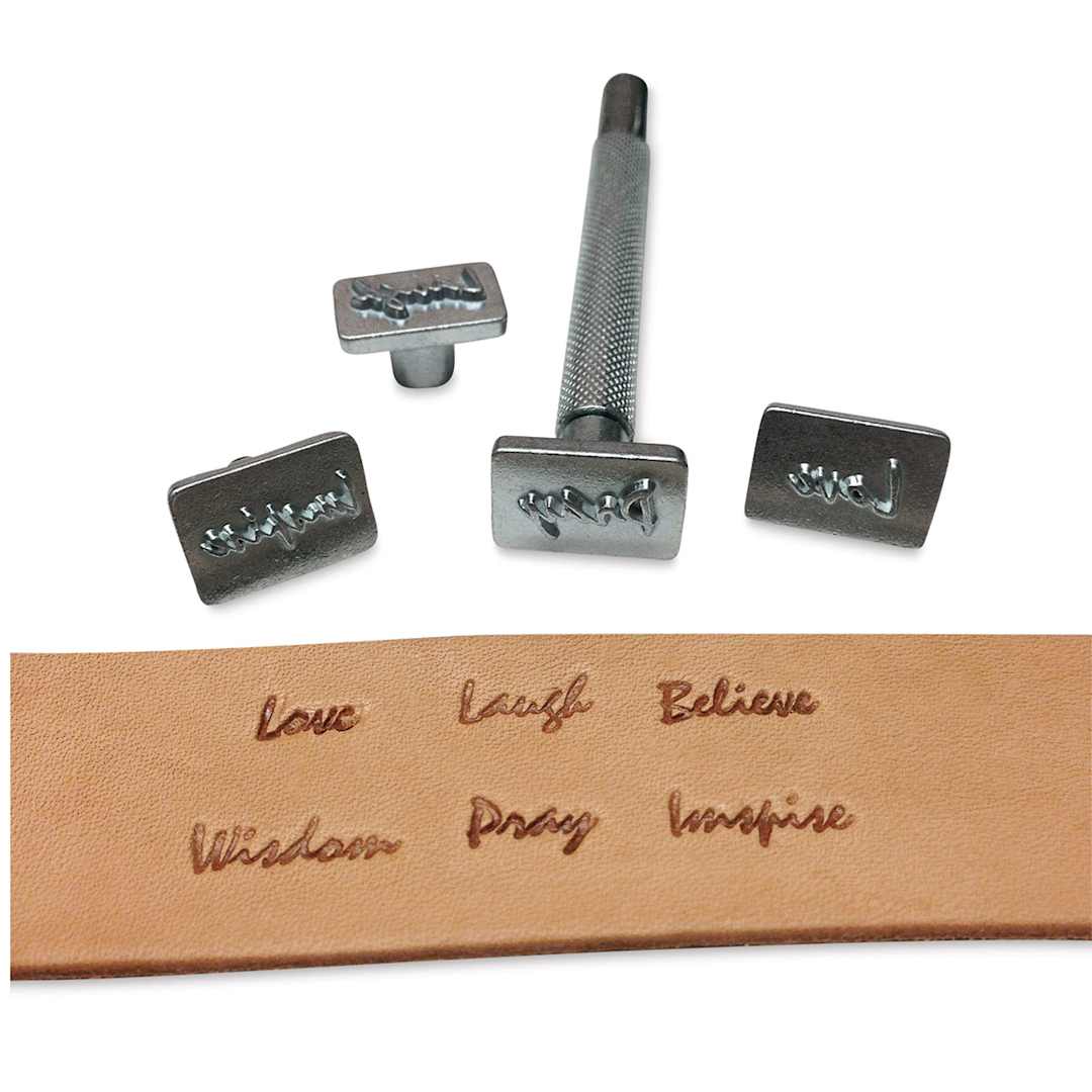 Open in modal - Realeather Inspirational Stamp Tool Set - Assorted stamps shown with imprinted Leather strip
