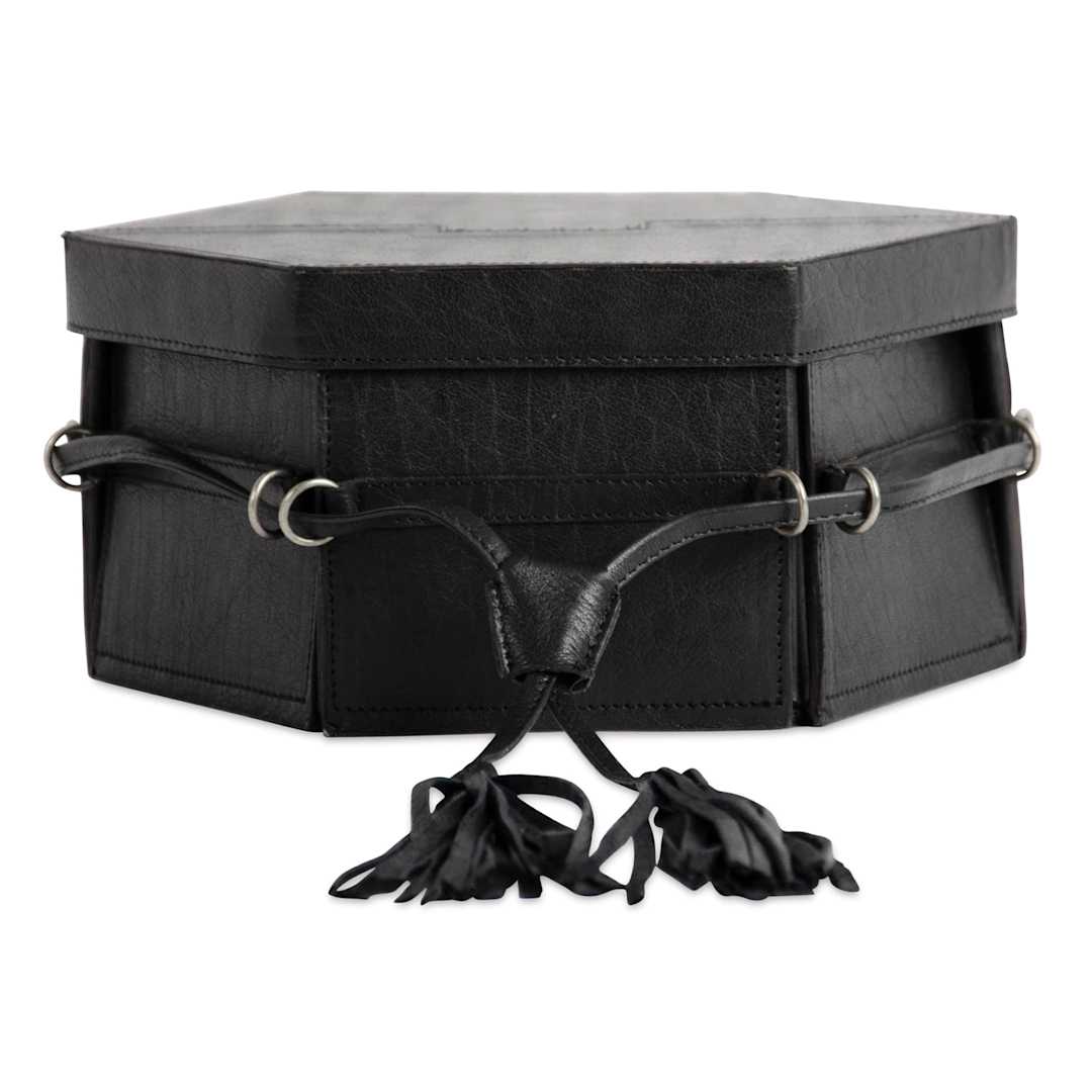 Open in modal - Muud Evita Leather Storage Box - Black - closed and tightened, front