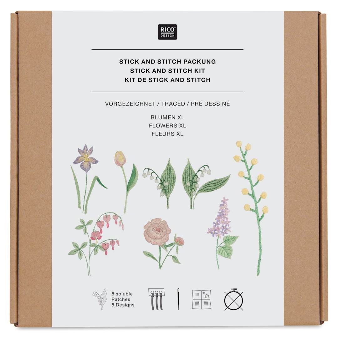 Open in modal - Rico Design Stick and Stitch Embroidery Kit - Pkg of 8, Flowers front of packaging