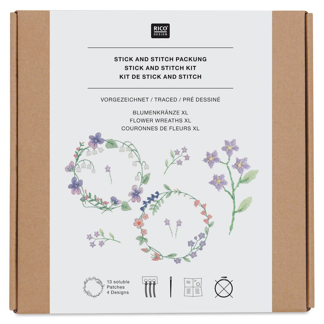 Open in modal - Rico Design Stick and Stitch Embroidery Kit - Pkg of 13, Flower Wreaths