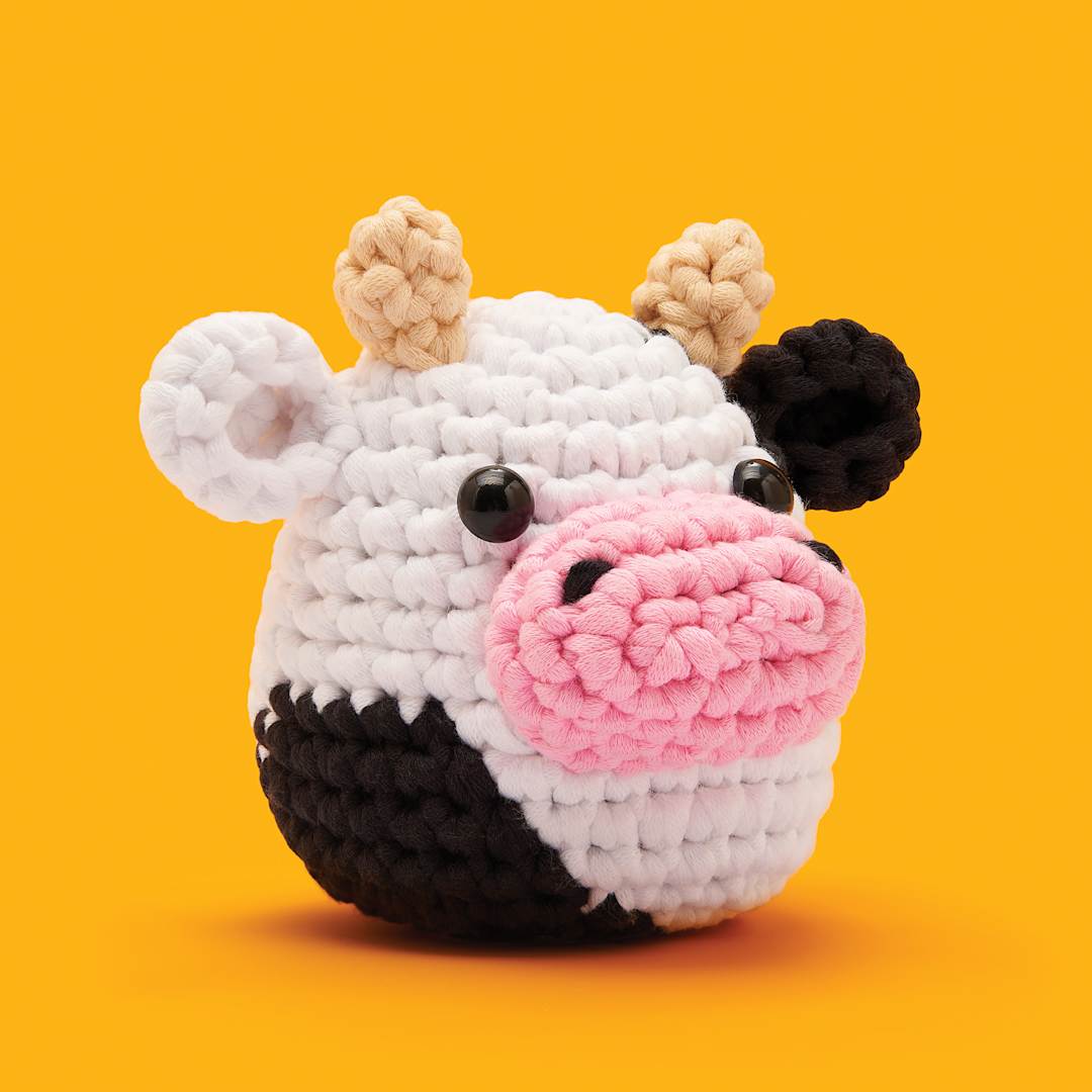 Open in modal - The Woobles Beginner Crochet Amigurumi Kit - Lavender the Cow, finished example
