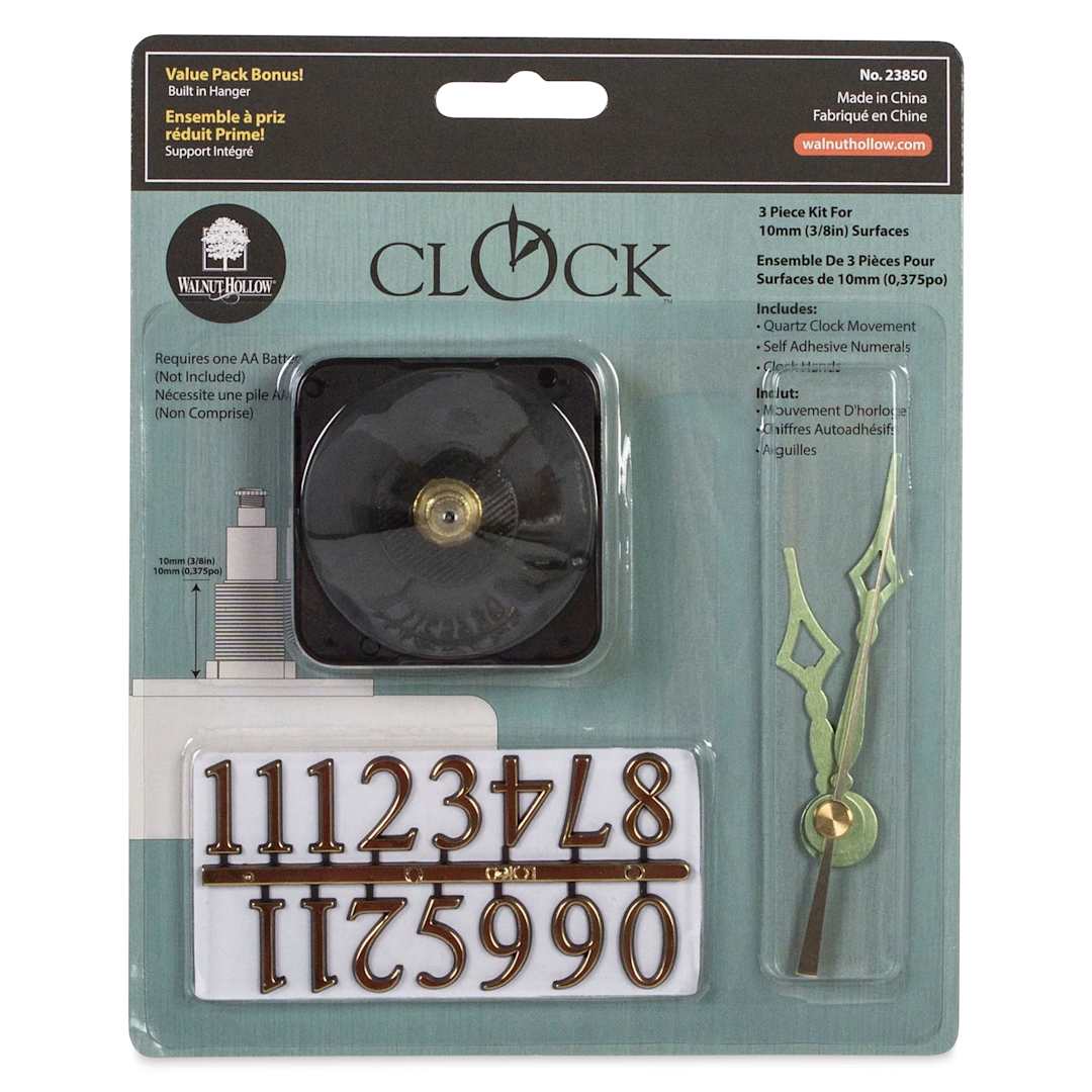 Open in modal - Walnut Hollow 3-Piece Clock Movement Kits - For 3/8" Surface front of packaging