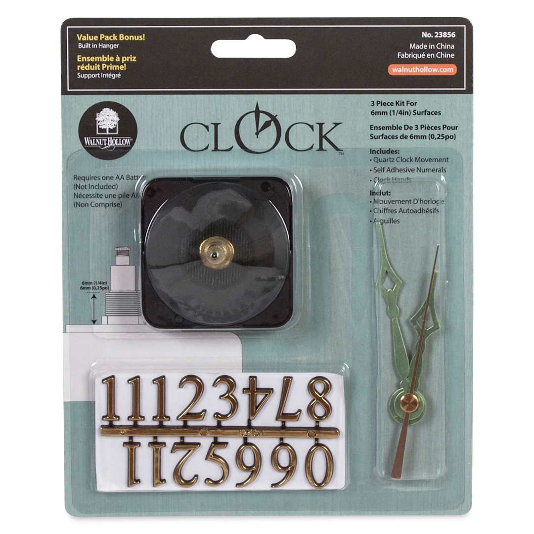 Open in modal - Walnut Hollow 3-Piece Clock Movement Kit - For 1/4" Surface front of packaging