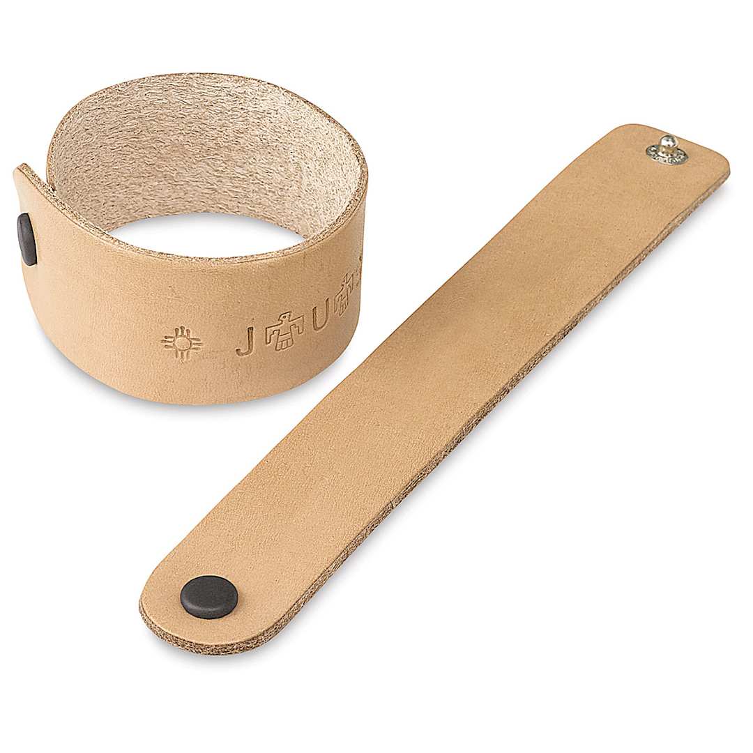 Open in modal - Realeather Leather Wristbands - Natural, 1" x 8", one wristband laid out flat and one with a finished design