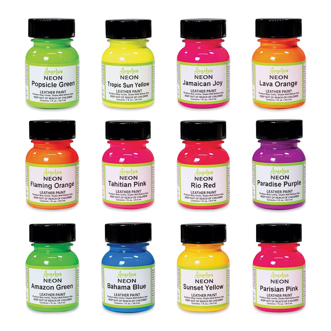 Open in modal - Angelus Acrylic Leather Paint Set - Neon, Assorted Colors, Set of 12, laid out