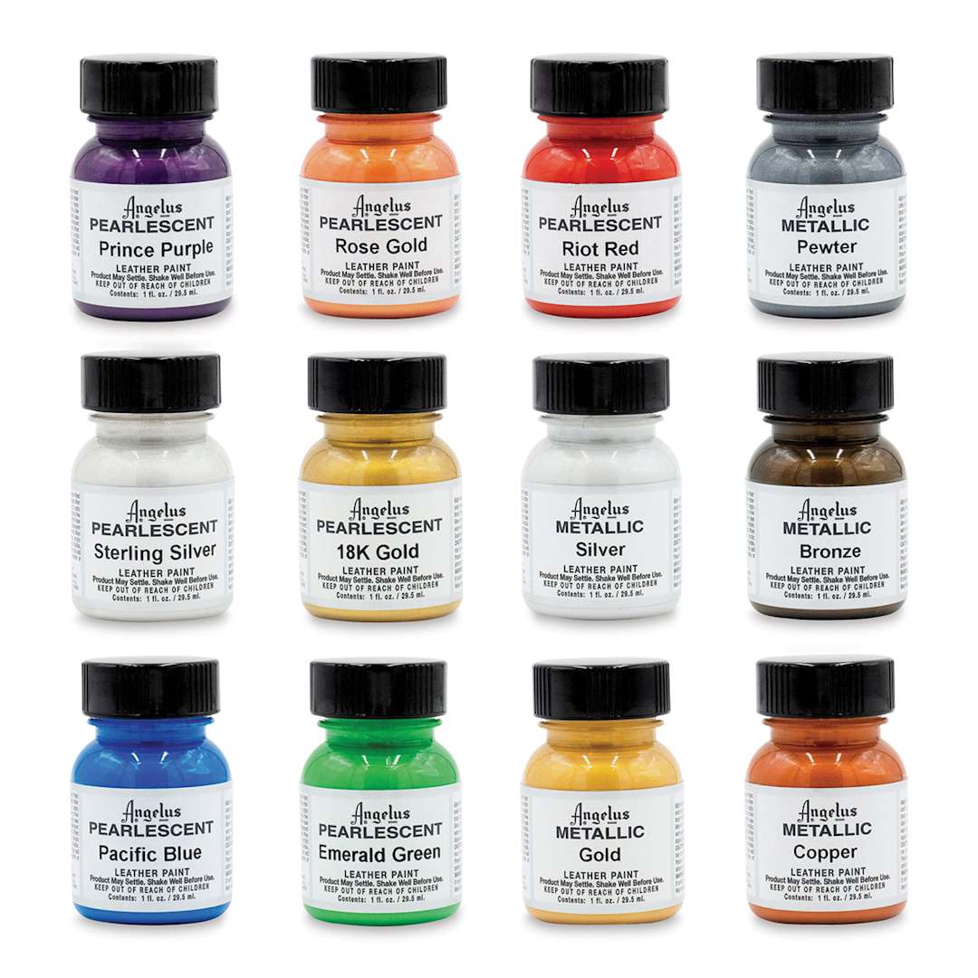 Open in modal - Angelus Acrylic Leather Paint Set - Metallic and Pearlescent, Assorted Colors, Set of 12, laid out