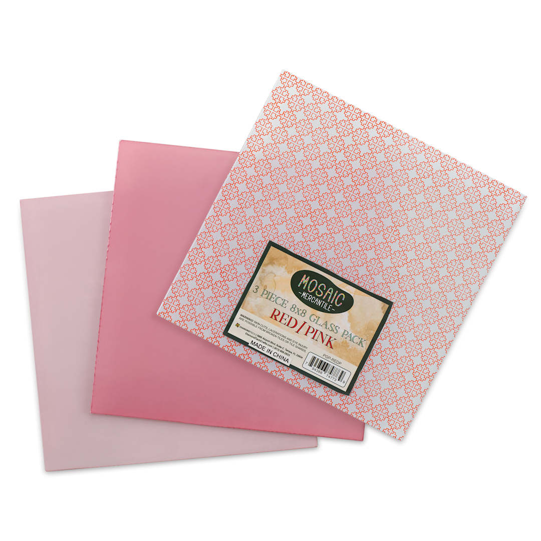 Open in modal - Mosaic Mercantile Opalescent Glass Pack - Red and Pink, 8" x 8", Pkg of 3, fanned out