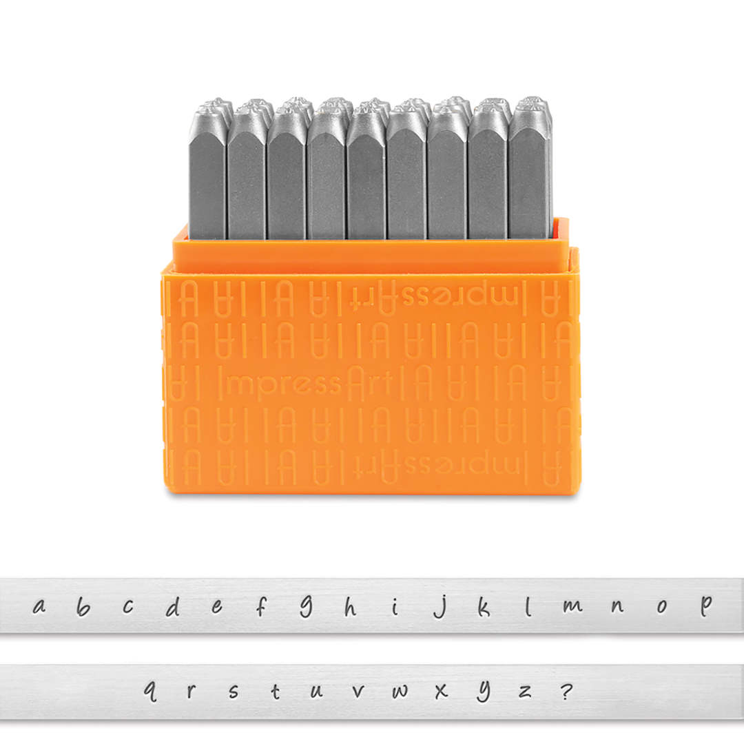 Open in modal - ImpressArt Letter and Number Stamp Sets - Front view of open Lowercase Bridgett font set with type