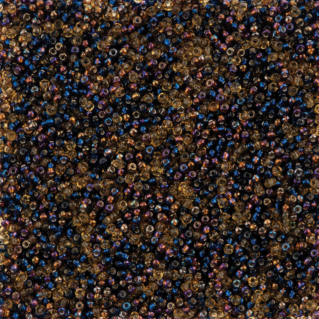 Open in modal - John Bead Czech Glass Seed Beads - Midnight Gold Mix, 10/0, 22 g Vial close up