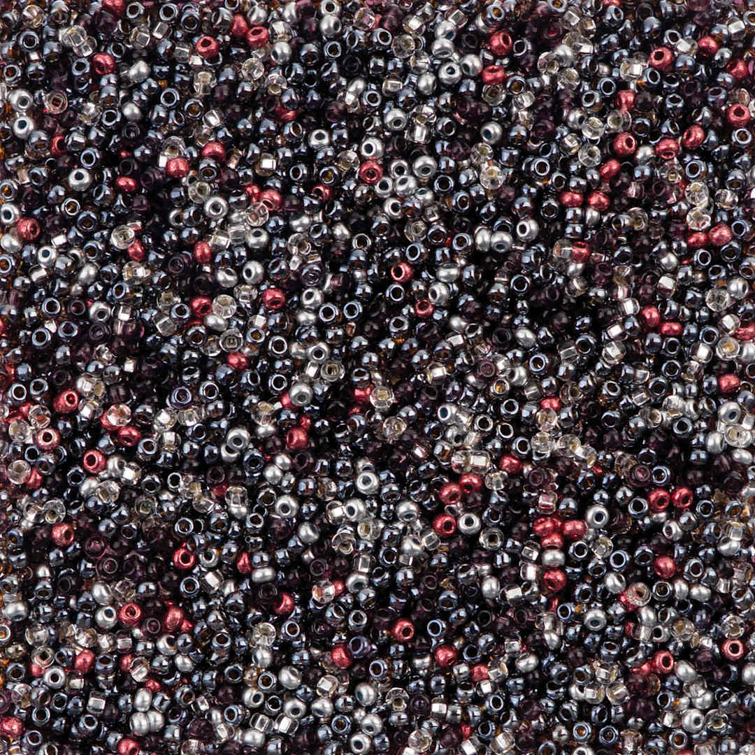 Open in modal - John Bead Czech Glass Seed Beads - Steel and Scarlet Mix, 10/0, 22 g Vial close up