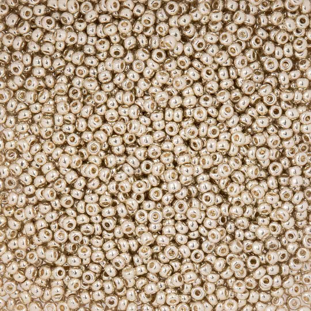 Open in modal - John Bead Czech Glass Seed Beads - Metallic Light Silver, 10/0, 22 g Vial close up
