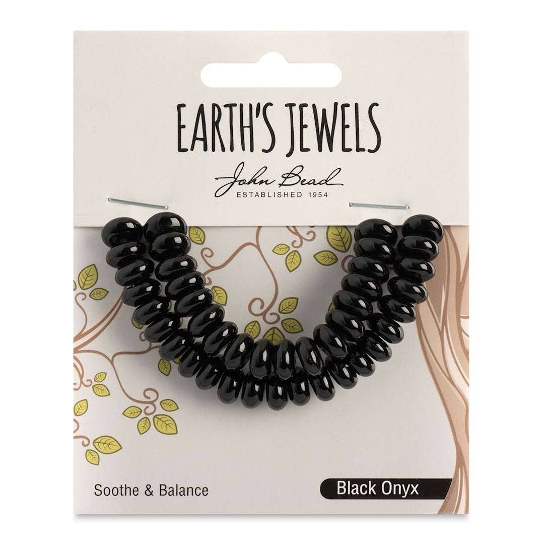 Open in modal - John Bead Earth’s Jewels Black Onyx Beads - Donut Rondelle, Pkg of 41, 5 mm x 8 mm - front of packaging