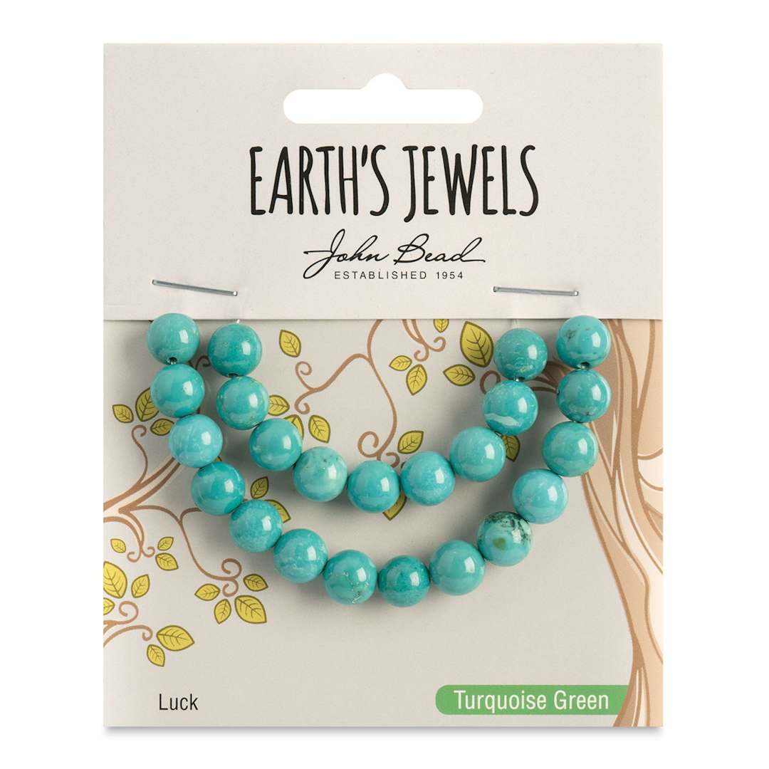 Open in modal - John Bead Earth’s Jewels Green Stabilized Turquoise Beads - Round, Pkg of 23, 8 mm Dia. - front of packaging