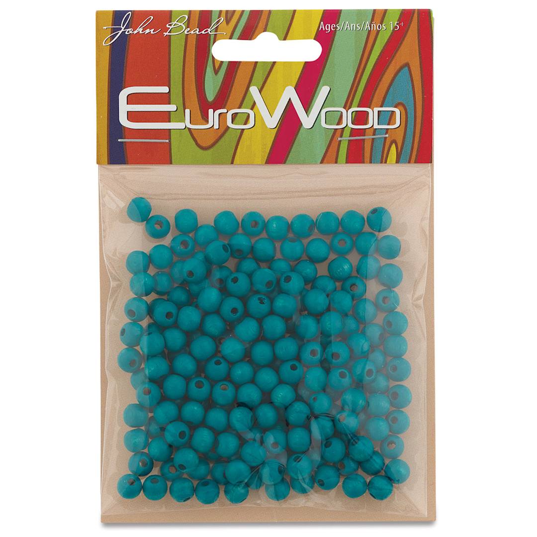 Open in modal - John Bead Euro Wood Beads - Turquoise, Round 6 mm, Pkg of 200 - front of packaging