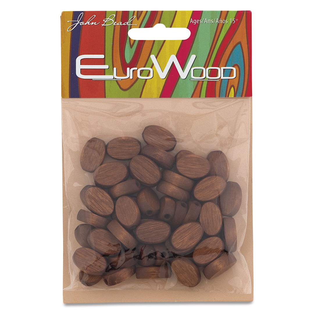 Open in modal - John Bead Euro Wood Beads - Dark Brown, Flat Oval, 10 mm x 15 mm, Pkg of 50 - front of packaging