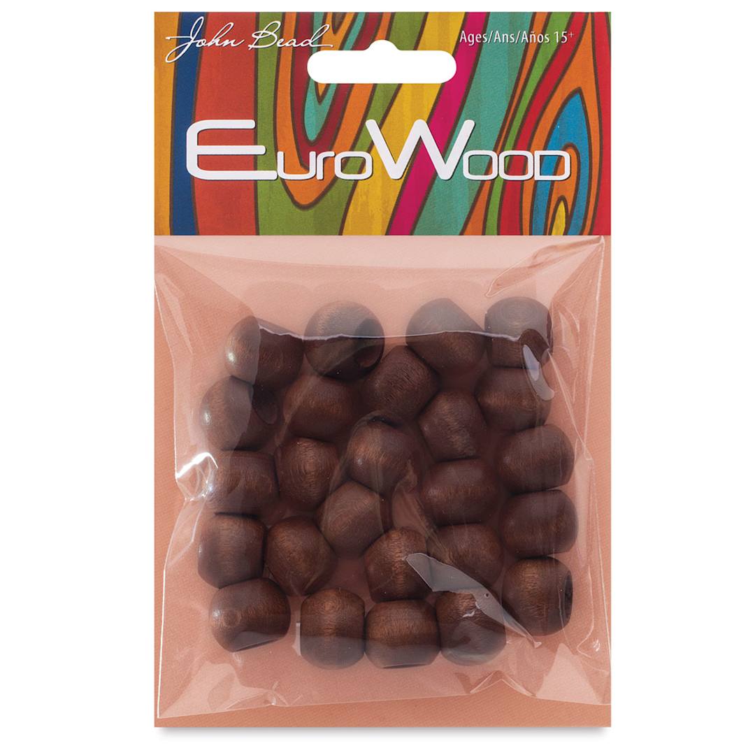 Open in modal - John Bead Euro Wood Beads - Dark Brown, Round, Large Hole, 14 mm x 11 mm, Pkg of 25 - front of packaging