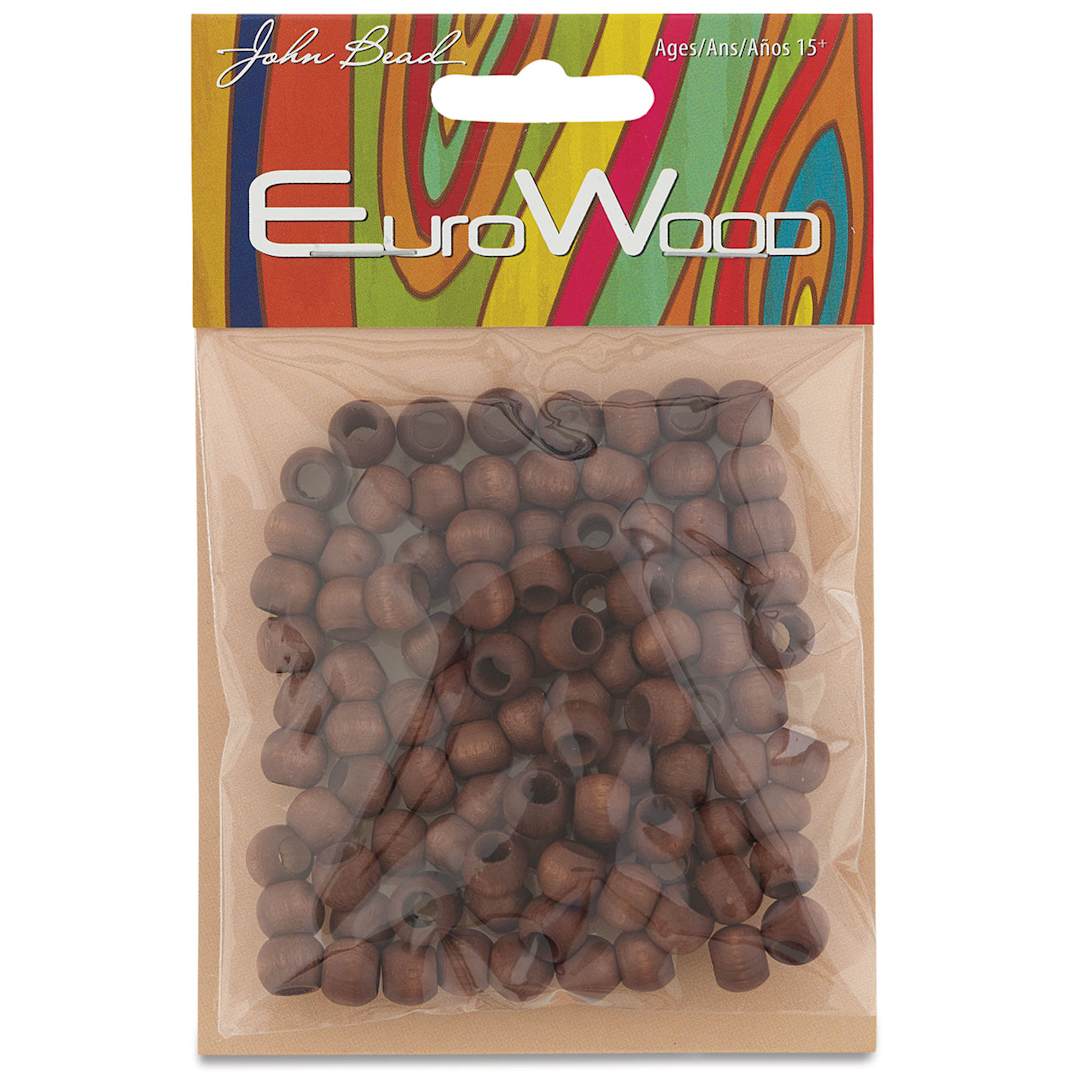 Open in modal - John Bead Euro Wood Beads - Dark Brown, Round Large Hole, 8 mm x 6.5 mm, Pkg of 100 - front of packaging
