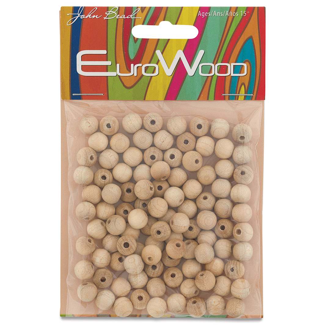 Open in modal - John Bead Euro Wood Beads - Natural, Round, 8 mm, Pkg of 100 - front of packaging