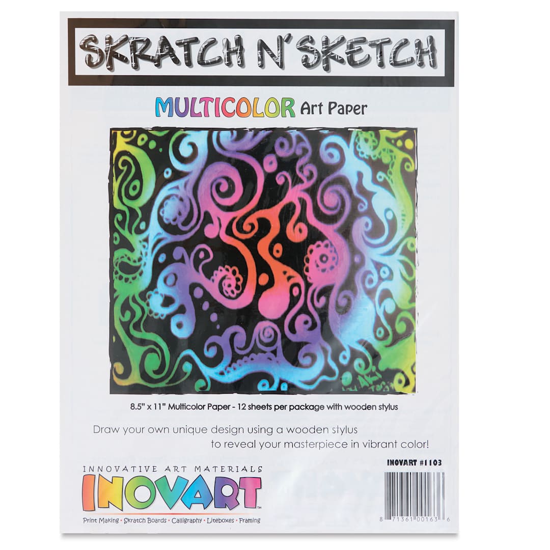 Open in modal - Inovart Skratch N' Sketch Scratch Paper - Multicolor, Pkg of 12, front of the packaging